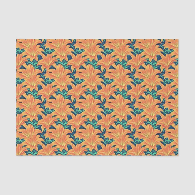 Papel De Seda Lírios do Dia Laranja com Folhas Verdes (Frente )