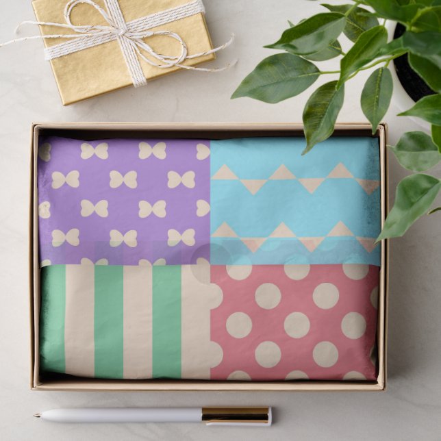 Papel De Seda Listra de Xadrez Pastel com Bolinhas e Laço Geomét (Presente)
