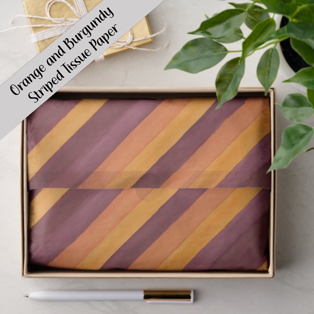 Papel De Seda Listras Diagonais Laranja Borgonha (Orange and burgundy striped gift tissue paper)