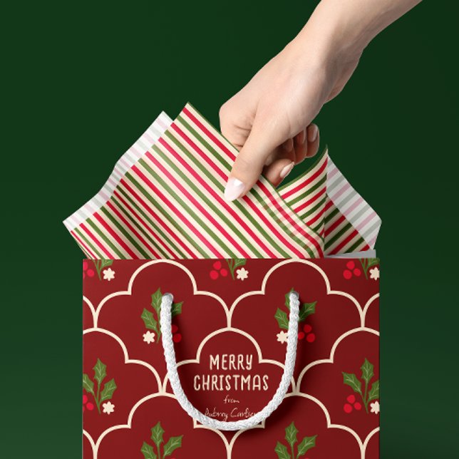 Papel De Seda Listras Vermelhas e Verde Floresta (Traditional Christmas style red, forest green, and ivory striped tissue paper for gift bags and more)