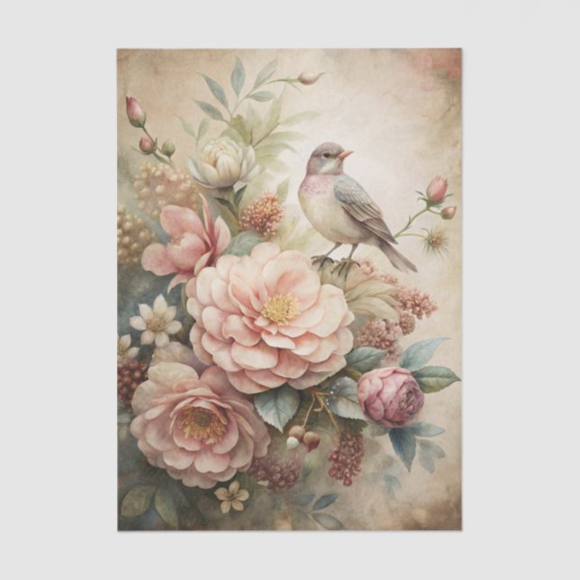 Papel De Seda Little Bird Perched on Pretty Floral Bouquet (Frente )