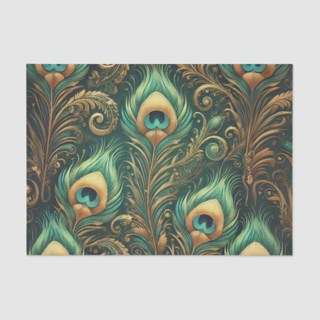 Papel De Seda Livro verde e Dourado sobre as penas de pavão (Frente )