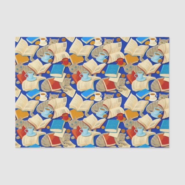 Papel De Seda Livros e gatos em azul (Frente )