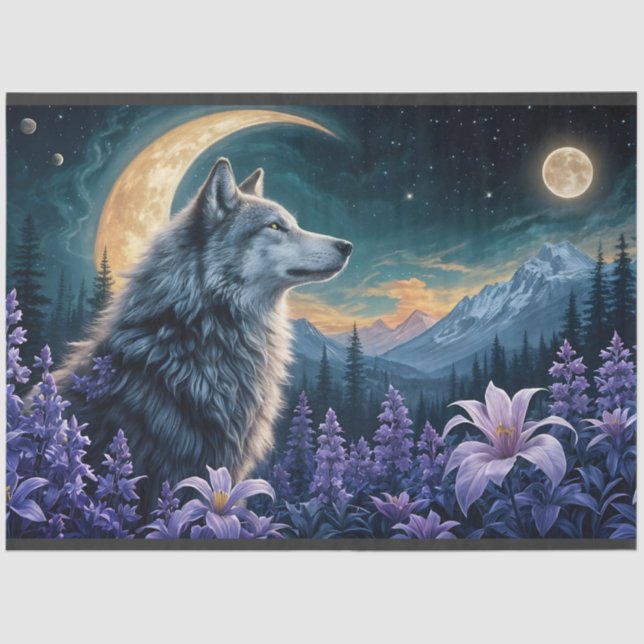 Papel De Seda Lobo na Lua - reflexo de flores roxas (Frente )