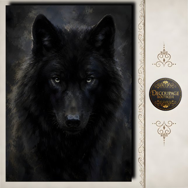 Papel De Seda Lobo Negro Olhar Intenso Decoupage (Black Wolf Intense Gaze Decoupage Tissue Paper)