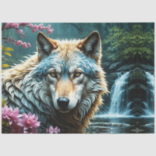 Papel De Seda Lobo no rio com flores