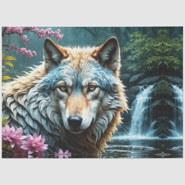 Papel De Seda Lobo no rio com flores (Frente )