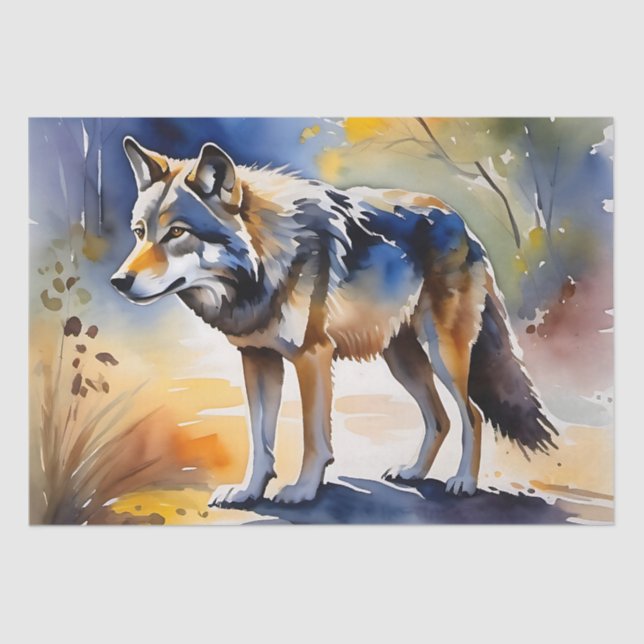 Papel De Seda Lobo numa pintura de aquarela florestal (Frente )