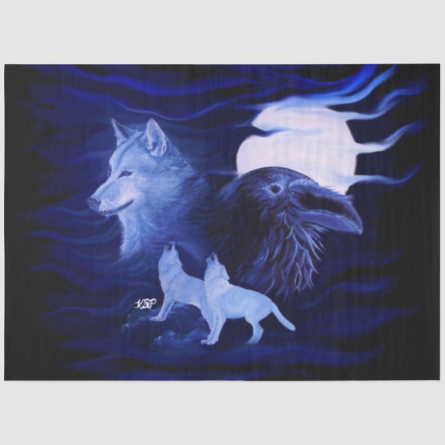 Papel De Seda Lobos e Raven com lua de cheio (Frente )