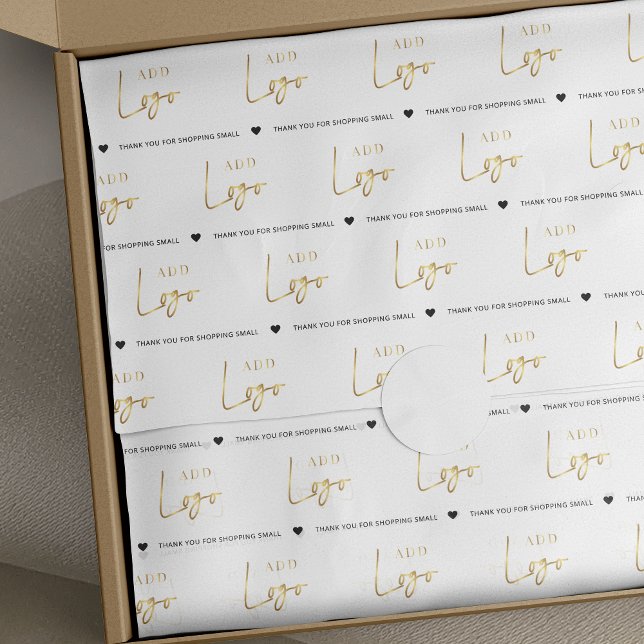 Papel De Seda Logotipo Dourado Pacote comercial moderno com marc (Add the finishing touch to your packaging with this stylish paper sheet design)