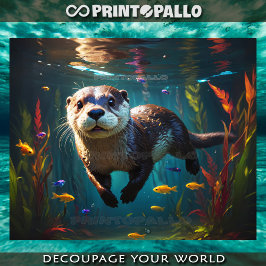 Papel De Seda Lontra subaquática nadando com peixes pequenos