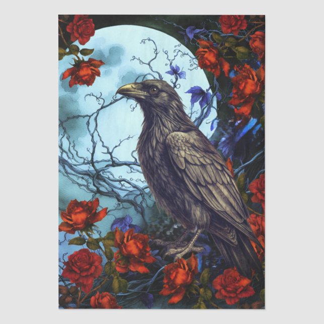 Papel De Seda Lua de Fantasia Gótica, Corvo & Rosas Vermelhas De (Frente )