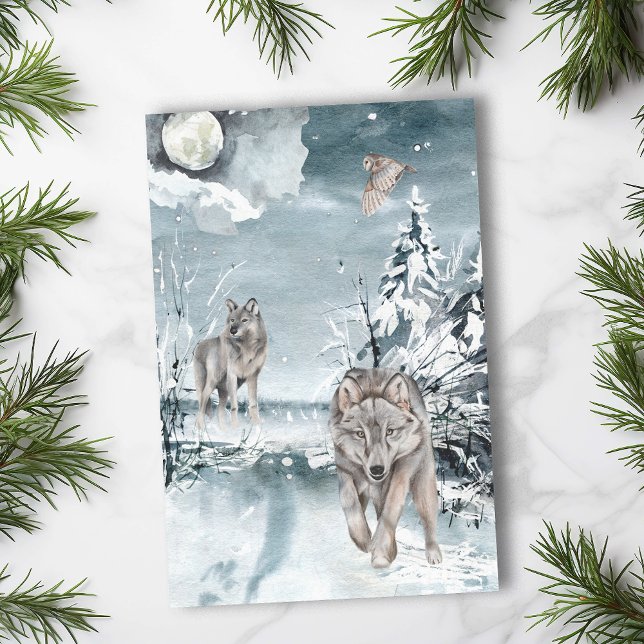 Papel De Seda Lua de Lobo Paisagem de Inverno Aquarela  (Criador carregado)