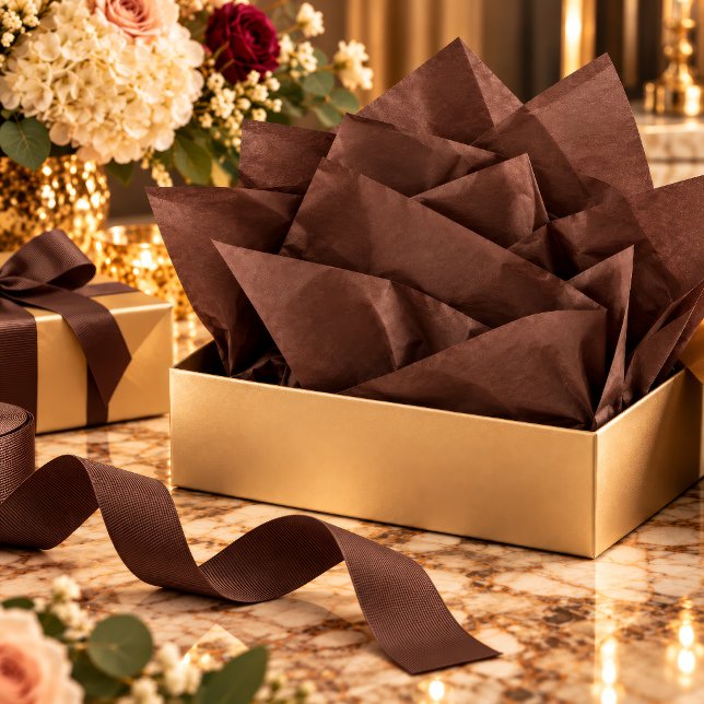 Papel De Seda Luxo em Chocolate Profundo (Deep chocolate tissue paper gives luxury gift boxes a dramatic, boutique-quality finish.)