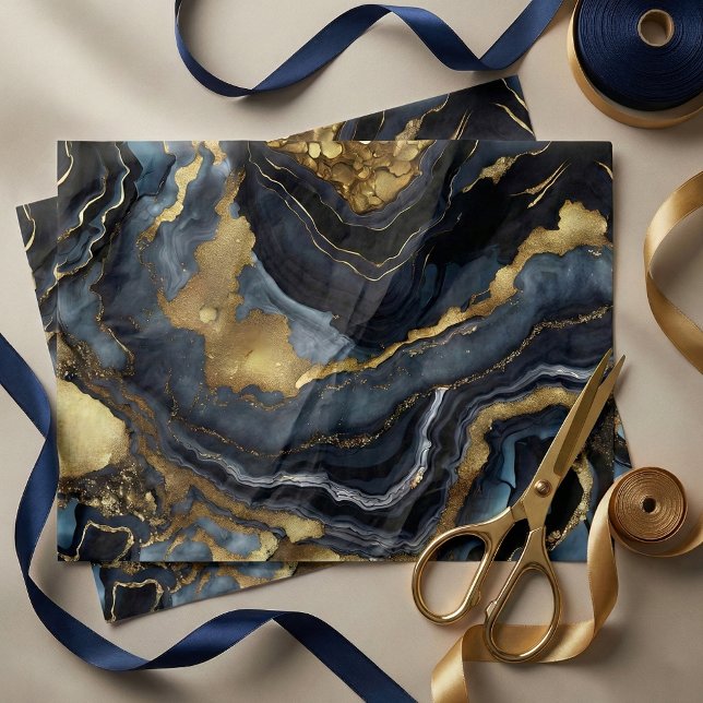 Papel De Seda Luxury Navy Blue Black Faux Gold Marble Agate (Criador carregado)