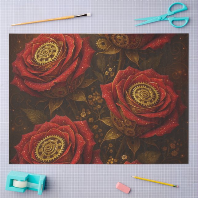Papel De Seda Luxury Steampunk Roses Romantic Gold Gears (Arte )