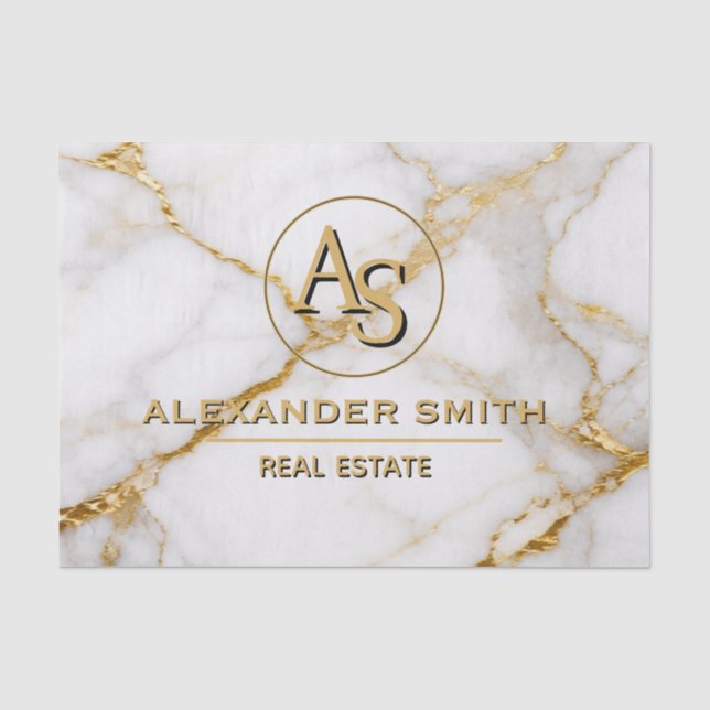 Papel De Seda Luxury White Marble Gold Monogram Real Estate  (Frente )