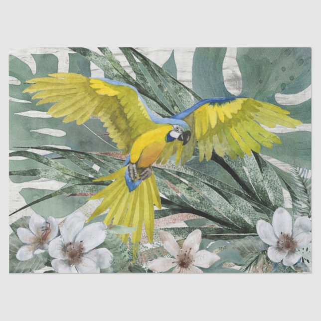 Papel De Seda Macaw Papagaio Azul Amarelo Floral Tropical (Frente )