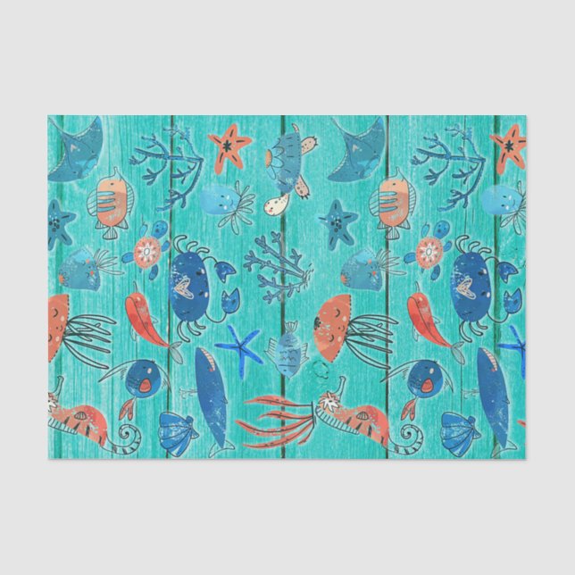 Papel De Seda Madeira Azul Turquesa Rústica & Amigos Caprichosos (Frente )