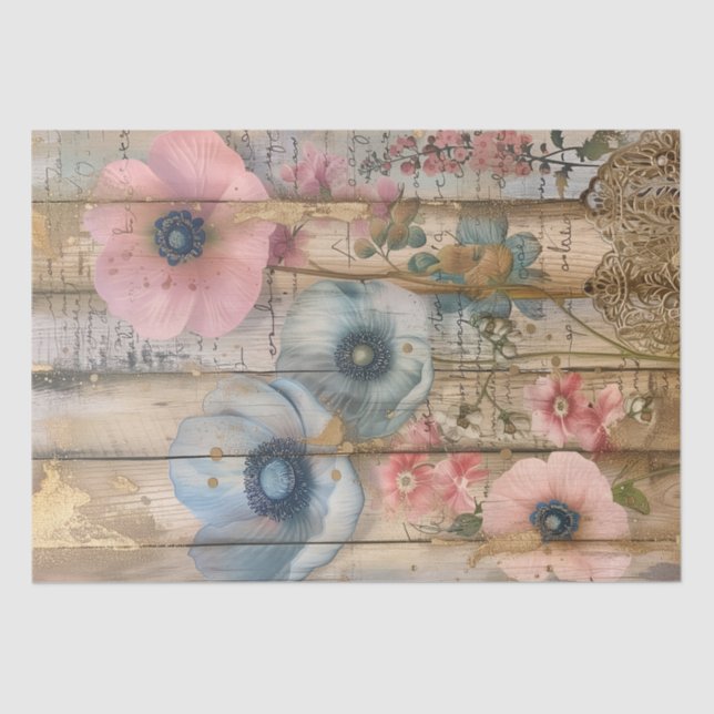 Papel De Seda Madeira Rústica, Pastel Flores Despojamento (Frente )