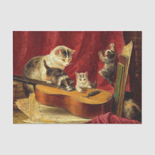Papel De Seda Mãe Gato e Gatinhos Brincando com Violão (Frente )