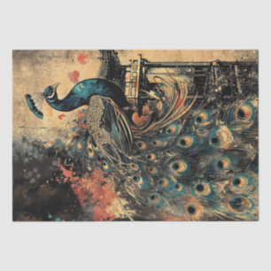 Papel De Seda Maestoso Pavão em Pagoda Oriental