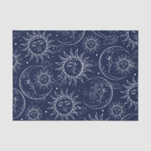 Papel De Seda Magia Azul Antiga Celestial Sol Lua Estrelas