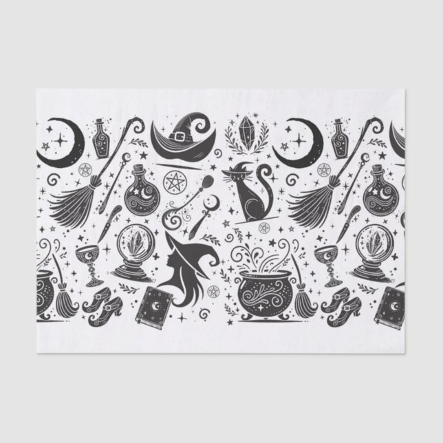 Papel De Seda Mágica Bruxa Whimsical Wiccan Pagan Black & White (Frente )
