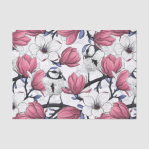 Papel De Seda Magnólia rosa e pássaros tintos azuis