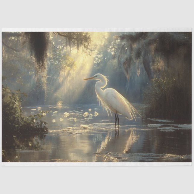 Papel De Seda Majestoso Egret em um pântano sereno iluminado pel (Frente )