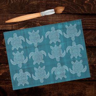 Papel De Seda Mandalá Batik de Tartaruga Marinha Tribal Verde Az