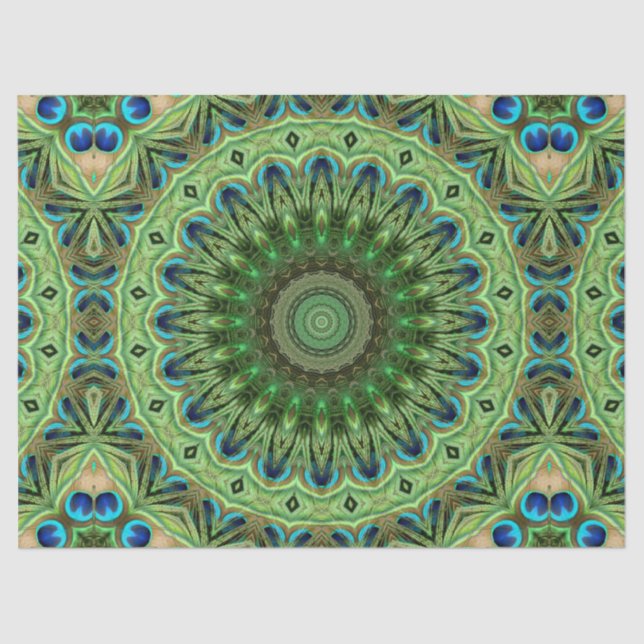 Papel De Seda Mandala de Pena de Pavão Esmeralda e Azul Simetria (Frente )