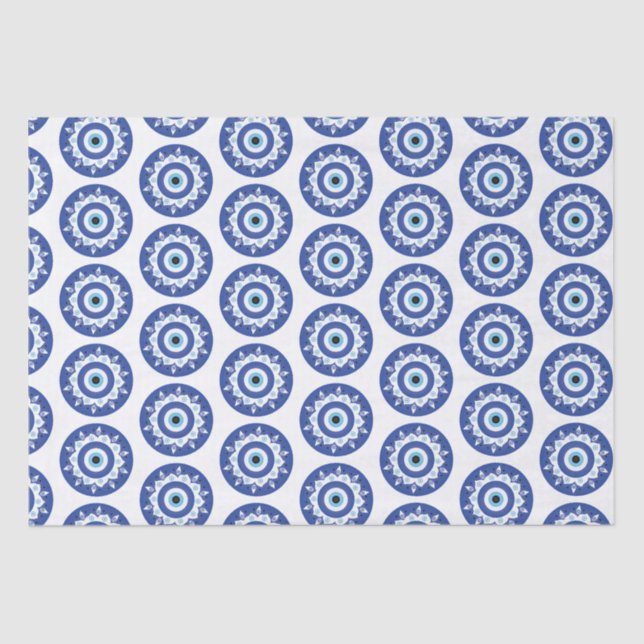 Papel De Seda Mandala Grego Mau Olho Padrão Azul Branco (Frente )