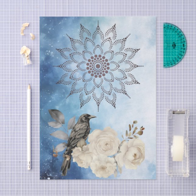 Papel De Seda Mandala Preto Corvo Flores Brancas Fundo Azul (Arte )