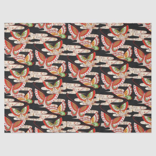 Papel De Seda MANTEIRAS ANTIGAS JAPONESAS Vermelho Preto Branco (Frente )