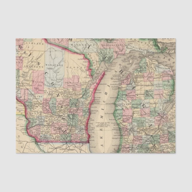 Papel De Seda Mapa de Michigan, Wisconsin por Mitchell (Frente )
