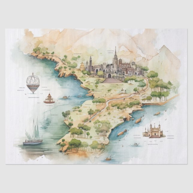 Papel De Seda Mapa de Viagens aquarela (Frente )