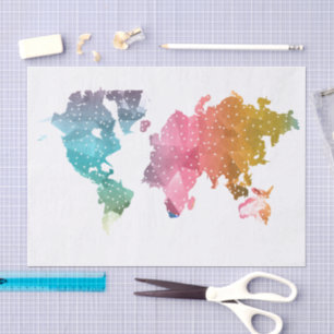 Papel De Seda Mapa do Mundo Geométrico Colorido - Trendência