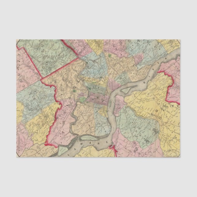 Papel De Seda Mapa em torno da cidade de Philadelphfia (Frente )