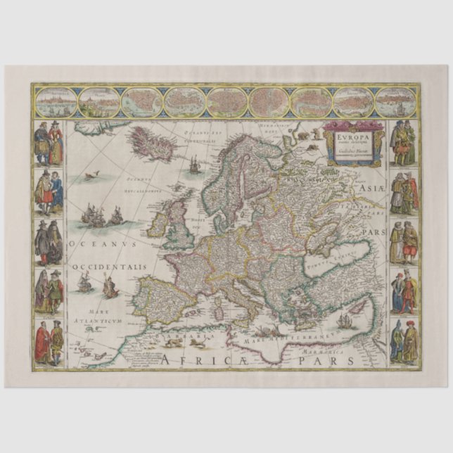 Papel De Seda Mapa medieval da Europa (por Willem Blaeu) (Frente )