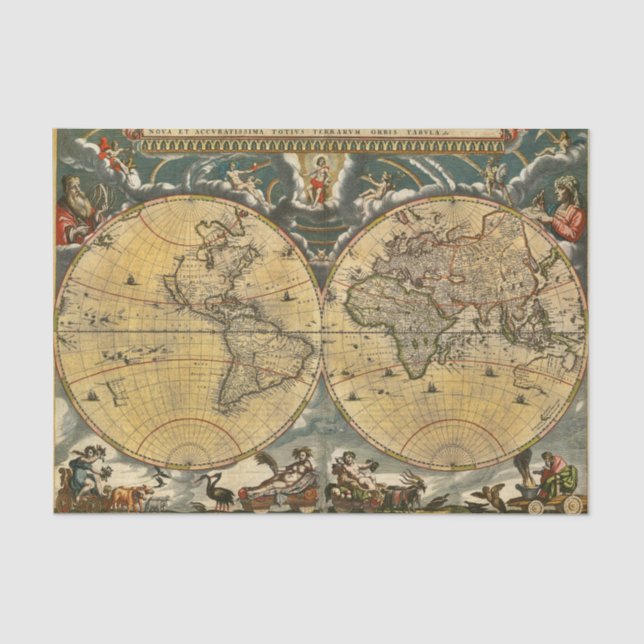 Papel De Seda Mapa Mundial Antiquado J. Blaeu 1664 (Frente )
