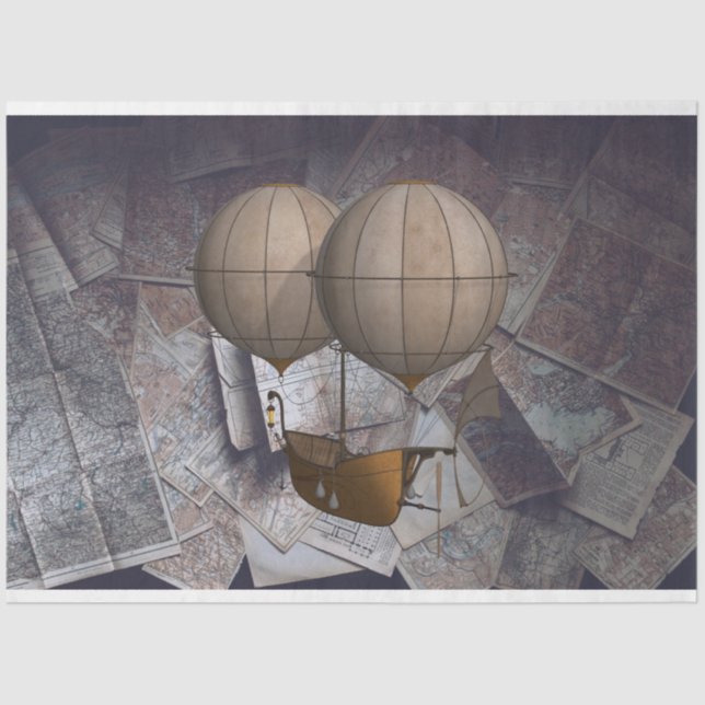 Papel De Seda Maps Hot Air Balloon Fantasy Ship Decoupage (Frente )