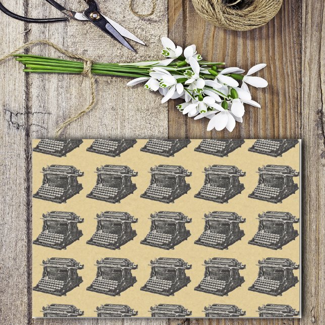 Papel De Seda Máquina de Digitalização Velha e Negra Antica Vint (Rows of manual black vintage old fashioned typewriters on tan wrapping tissue paper.)