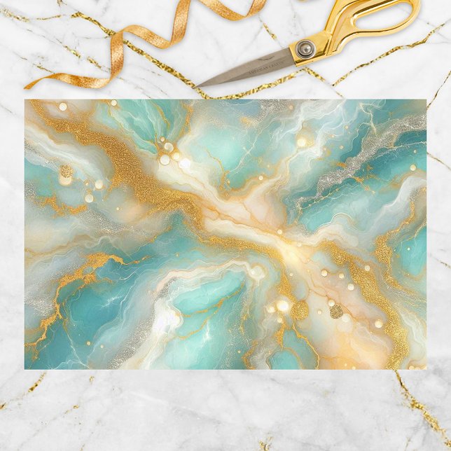 Papel De Seda Marble Elegante Aquamarine com Veias Douradas (Criador carregado)