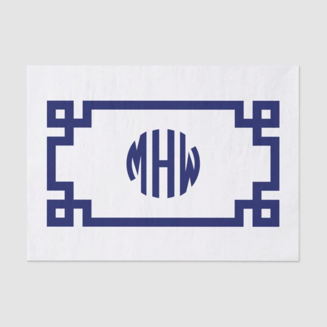 Papel De Seda Marinho branco Círculo azul Monograma Tecla grega  (Frente )