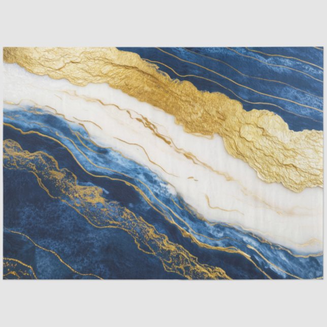 Papel De Seda Marinho Luxurioso Azul e Dourado Mármaco Folha (Frente )