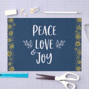 Papel De Seda Marinho Peace Love Joy Dourado Snowflakes Typograf