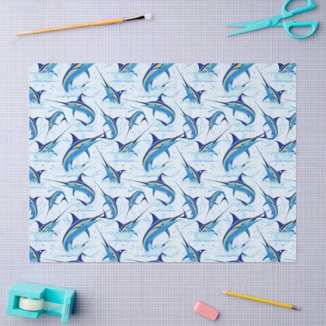 Papel De Seda Marlin Azul Saltando do Oceano (Arte )