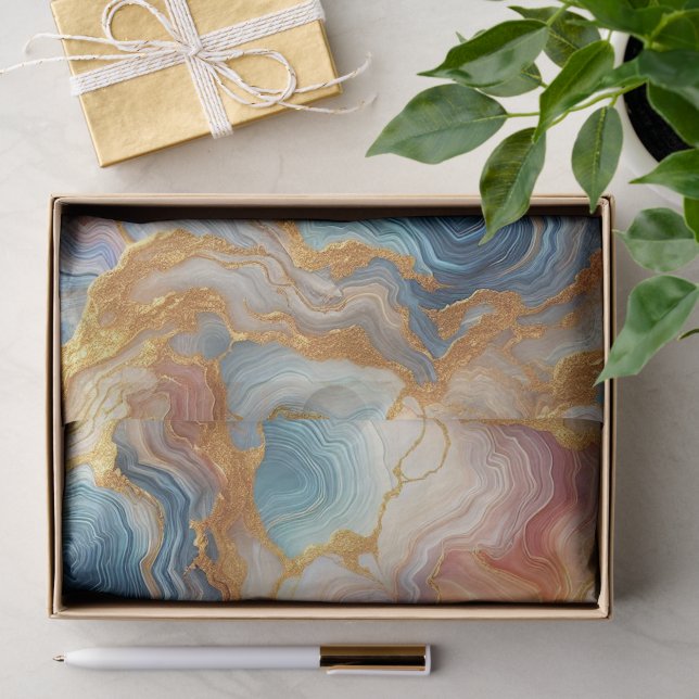 Papel De Seda Mármore Azul Água-Marinha Bege Dourado (Presente)