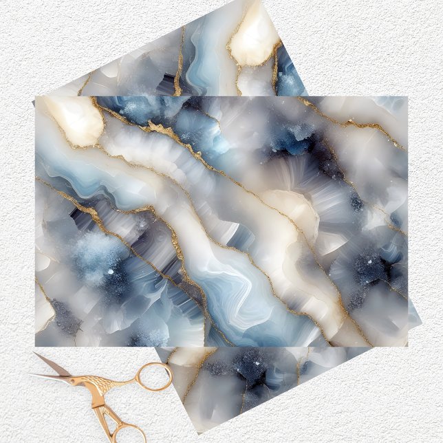 Papel De Seda Mármore Azul Celestial Glamoroso com Sujeiras Dour (Criador carregado)
